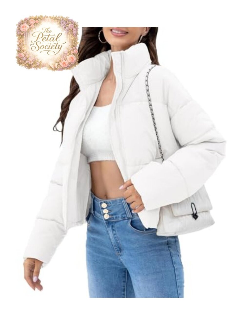 Cropped Quilted Puffer Jacket Stand Collar Zip Warm Winter Coat